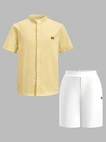 SHEIN 2pcs Tween Boy White Summer Casual Elegant Airport Business Outfit Sets,Short Sleeve Mandarin Collar Open Front Shirt&Straight Pants,Formal Wedding - Multicolor - View 3