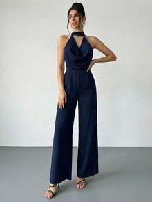 Firerie Women's Elegant Navy Blue Summer Night Out Deep V Plunging Neck Backless Cinched Waist Wide Leg Jumpsuit, Date Party Beach Vacation - Navy Blue - View 4