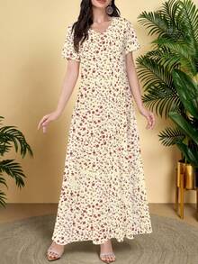 Women's Full Print V-Neck Fashionable Date Party Dress - Yellow - View 4