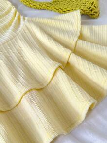 SHEIN Elegant Solid Yellow Textured Fabric Asymmetric Shoulder Bowknot Decor Double-Layer A-Line Dress, Suitable For Beach Vacation Teen Girl Clothes Dress Girls Dress Cute Dresses For Girls - Yellow - View 6