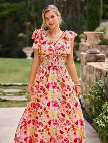 KARISMINA V-Ausschnitt Rüschen Saum bedrucktes Kleid für Frauen, geeignet für Frühlings-/Sommerurlaub - Verschiedenfarbig - Übersicht 3