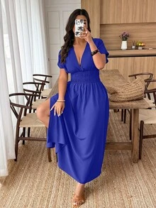 Weeklong Plus Size Solid Color Short Sleeve Cinched Waist Shirred Split Hem Summer Dress - Royal Blue - View 5
