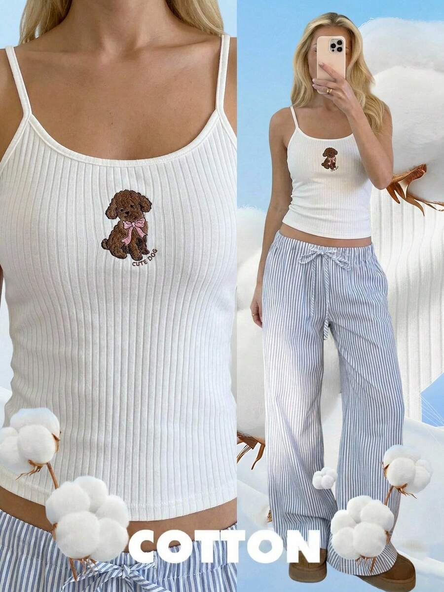 CovetEZ Camiseta de tirantes casual con estampado de perro para mujer, verano - Blanco - Ver 1