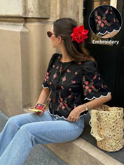 Serisse เสื้อเชิ้ตแขนสั้นผู้หญิงพิมพ์ลายดอกไม้ผูกหน้าลำลองอเนกประสงค์สำหรับใส่ในชีวิตประจำวัน