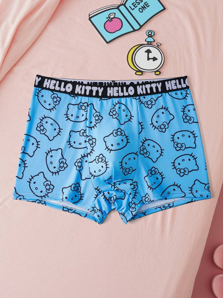 HELLO KITTY AND FRIENDS | SHEIN 男士舒适卡通印花平角内裤 - 藍色 - 查看 1
