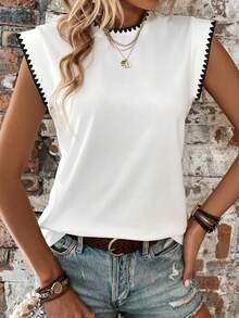 SHEIN Shell Embroidered Trim Fashionable Minimalist Women Round Neck T-Shirt, Gift For Friends - White - View 3