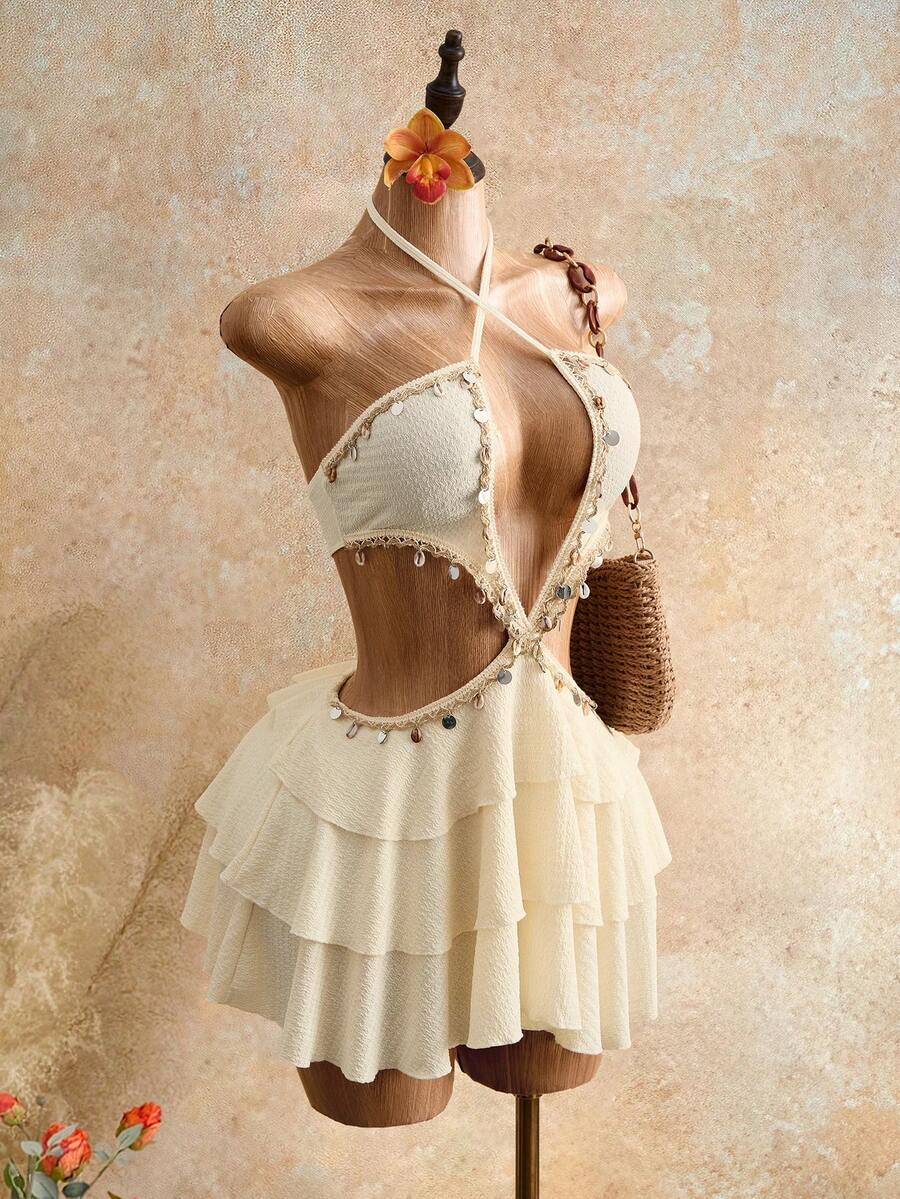 Mistrie Summer Vacation Textured Fabric Sleeveless Hollow Out Shell Strap Dress For Women - Apricot - View 1