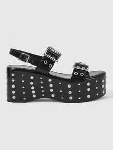 ROMWE Grunge Punk Giày sandal đế xuồng đính kim tuyến, khóa cài nhọn dành cho nữ. - màu đen - Xem 1