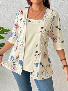 EMERY ROSE Summer Women's Floral Leaf Printed Patchwork 2 In 1 T-Shirt Graphic Tees Women Tops - Apricot - View 4