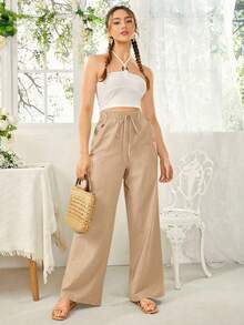 SHEIN Essnce Women's Solid Color Tie Waist Casual Loose Pants - Camel - View 5
