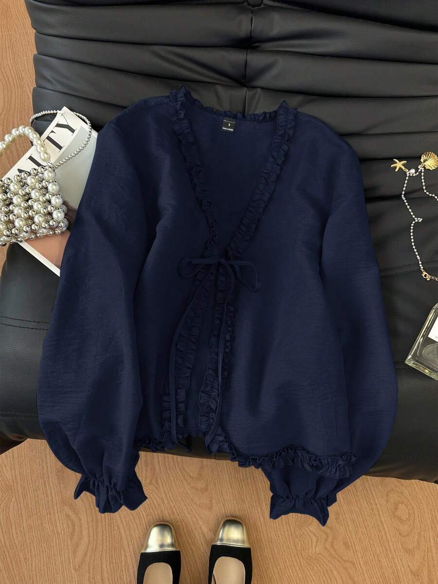 Muvela 女士纯色荷叶边V领系带长袖衬衫,适合日常通勤和外出穿着 - 藍色 - 查看 1