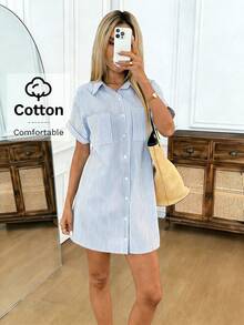 SHEIN LUNE Đầm ngắn cotton kẻ sọc xanh trắng dành cho nữ, kiểu áo sơ mi, thích hợp cho kỳ nghỉ, mặc hàng ngày, trang phục sân bay, mùa xuân/hè. - Nhiều màu - Xem 4