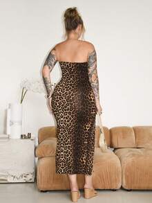Arliah 女士性感豹纹开衩抹胸连衣裙，夏季 - 彩色 - 查看 3