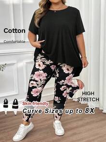 SHEIN CURVE+ 大码女装夏季纯色圆领短袖不对称下摆T恤和印花休闲裤两件套，夏季/乡村/海滩度假装/海滩装/沙滩服饰 - 黑色 - 查看 10