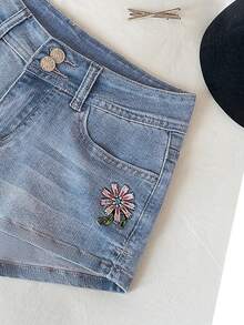 Elamini Quần short denim nữ thường ngày, có túi và họa tiết thêu hoa. - Rửa nhẹ - Xem 6