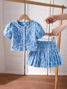 2件套女童休闲优雅白色提花珍珠纽扣开衫和百褶裙套装，适合派对和假日场合，夏季 - 藍色 - 查看 4