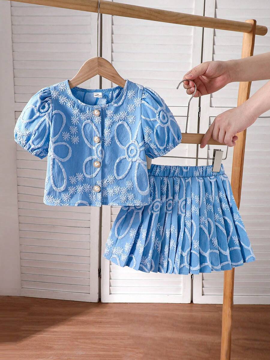 Bộ 2 món cho bé gái, gồm áo khoác cardigan và chân váy xếp ly màu trắng jacquard cài ngọc trai, kiểu dáng thanh lịch thường ngày, thích hợp cho các bữa tiệc và kỳ nghỉ hè. - Màu xanh lam - Xem 1