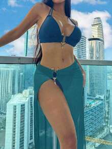 Swim SXY 3pcs/Set Women's Halter Neck Bikini Set And Bikini Set Bottoms With Slit Swimskirt For Beach Vacation Summer Beach - Teal Blue - View 5