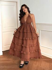 Vionelle Plus Size Summer Vacation Solid Color Ruffle Hem Halter Dress - Coffee Brown - View 2