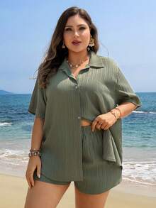 Swim Lushoire Conjunto de 2 piezas de shorts negros y camisa de manga corta para mujer talla grande, cubierta casual de playa con botones - Verde militar - Ver 4