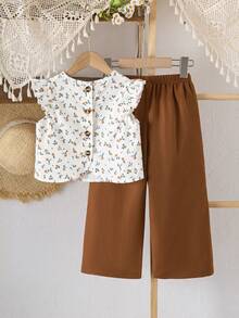 Elladie kids 女童（小号）纹理面料短袖纽扣后背T恤和休闲裤套装 - 卡其色 - 查看 8