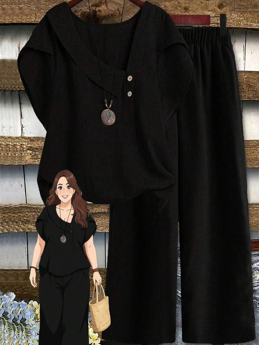 EMERY ROSE Plus Size Women's Spring/Summer Asymmetrical Collar Floral Puff Sleeve Regular Shirt + Elastic Waist Loose Casual Pants 2-Piece Set - Black - View 1