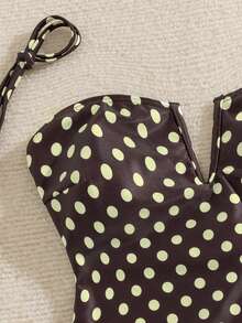 Swim Mod Baju Renang Terusan Wanita Motif Polkadot untuk Liburan Musim Panas, Tali Bahu Lepas Pasang, Dekorasi Ruffle, Leher V - MultiWarna - View 4