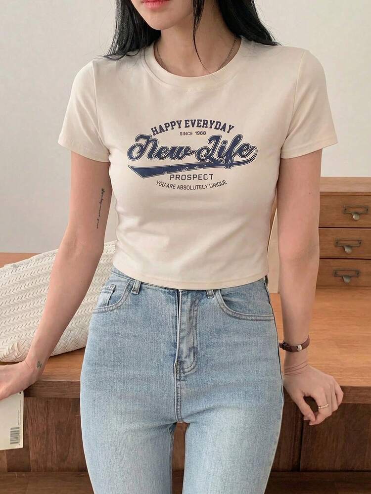 レディース スローガンプリント 半袖Tシャツ サマー、グラフィックティー