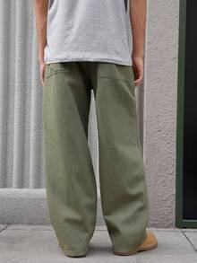 Open Phase 1件复古美式男士宽松阔腿棕色牛仔裤，卡通大象刺绣，男女通用（不含腰带和配饰） - 軍綠色 - 查看 3