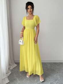 Elenzga 女士新款纯色粉橙色方领高腰弹力针织拼接雪纺薄纱泡泡袖褶皱宽松A字连衣裙，简约优雅休闲舒适百搭轻盈正式连衣裙，适合日常穿着和度假。 - 鵝黃色 - 查看 4