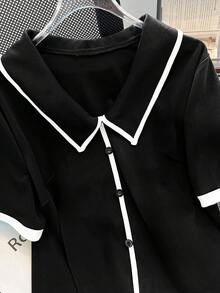 GlowEve CURVE Áo thun nữ cỡ lớn, chất liệu vải dệt kim gân, cổ bẻ, tay ngắn, raglan, dáng rộng, thẳng, thoải mái, đa năng, thích hợp mặc hàng ngày. - màu đen - Xem 8