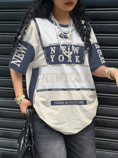 Rovax 超大宽松纽约字母印花复古休闲女式T恤，街头风