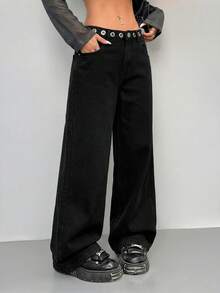 SHEIN PETITE Pantalones vaqueros negros de mujer con estilo Y2K viral, cintura alta, pierna ancha con ojales metálicos, ropa casual de calle para verano. Pantalones vaqueros de mujer con diamantes incrustados, cintura baja, pierna ancha, estilo Y2K para festivales de música - Negro - Ver 3