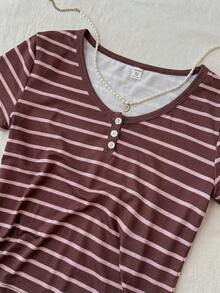 Teen Girls Striped Collar Contrast Button Front Short Sleeve Casual Blouse Mothers Day Outfit Graduation Summer Tops - Coffee Brown - View 5