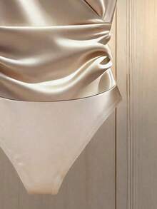 Franclia Fashionable Crossover V-Neck Champagne Gold Bodysuit,Sleeveless Ruffle Trim Button Decor Satin Blouse,Seductive Summer Night Out Metallic Top - Apricot - View 6