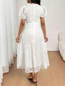SHEIN Lady 女士时尚优雅圆领短袖中长连衣裙 - 白色 - 查看 2