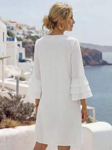 EMERY ROSE 女士休闲纯色喇叭袖短连衣裙 - 白色 - 查看 2