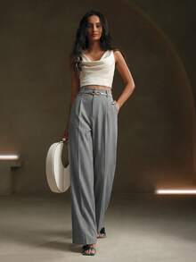 Anewsta Petite Pantalones de traje modernos de unicolor con decoración metálica, nueva colección de primavera - Gris - Ver 5