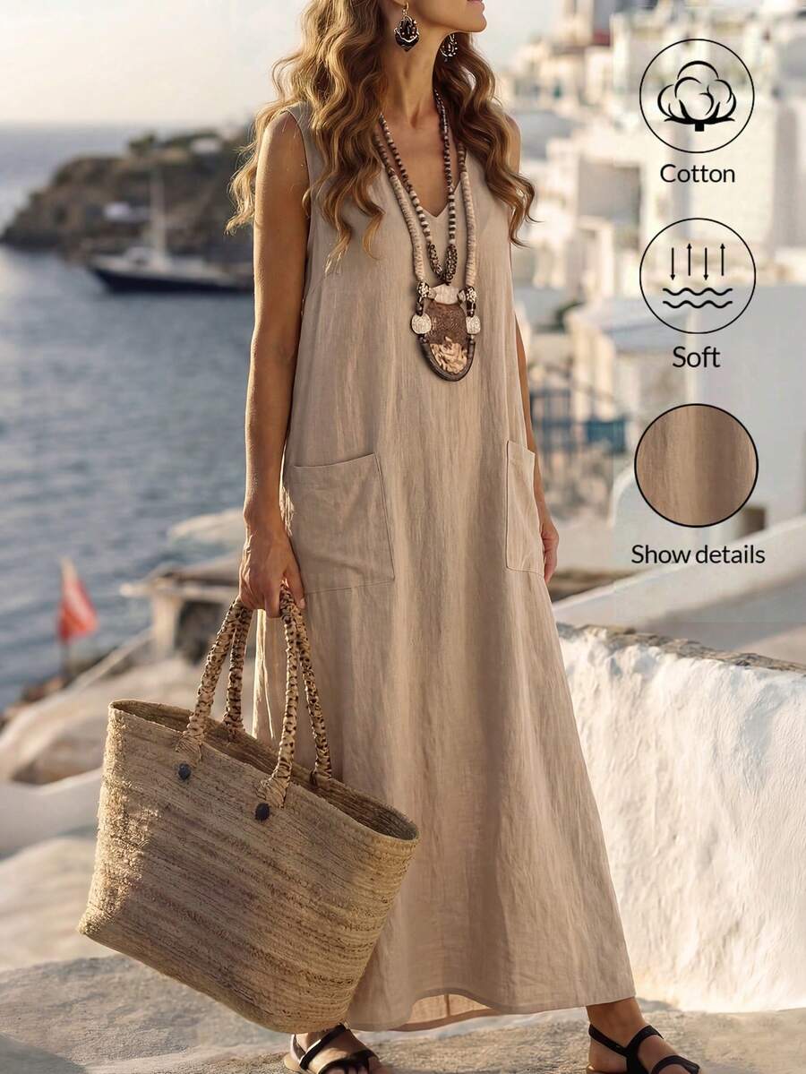 SHEIN Holidaya 女款 100% 純棉 米色 夏季 波希米亞風 極簡 熱帶度假風 優雅 V 領 無袖 寬鬆 A 字長洋裝 附口袋 適合沙灘