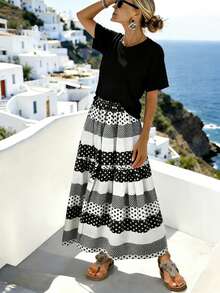 Balvessa Women's A-Line Polka Dot Patchwork Skirt - Black and White - View 4