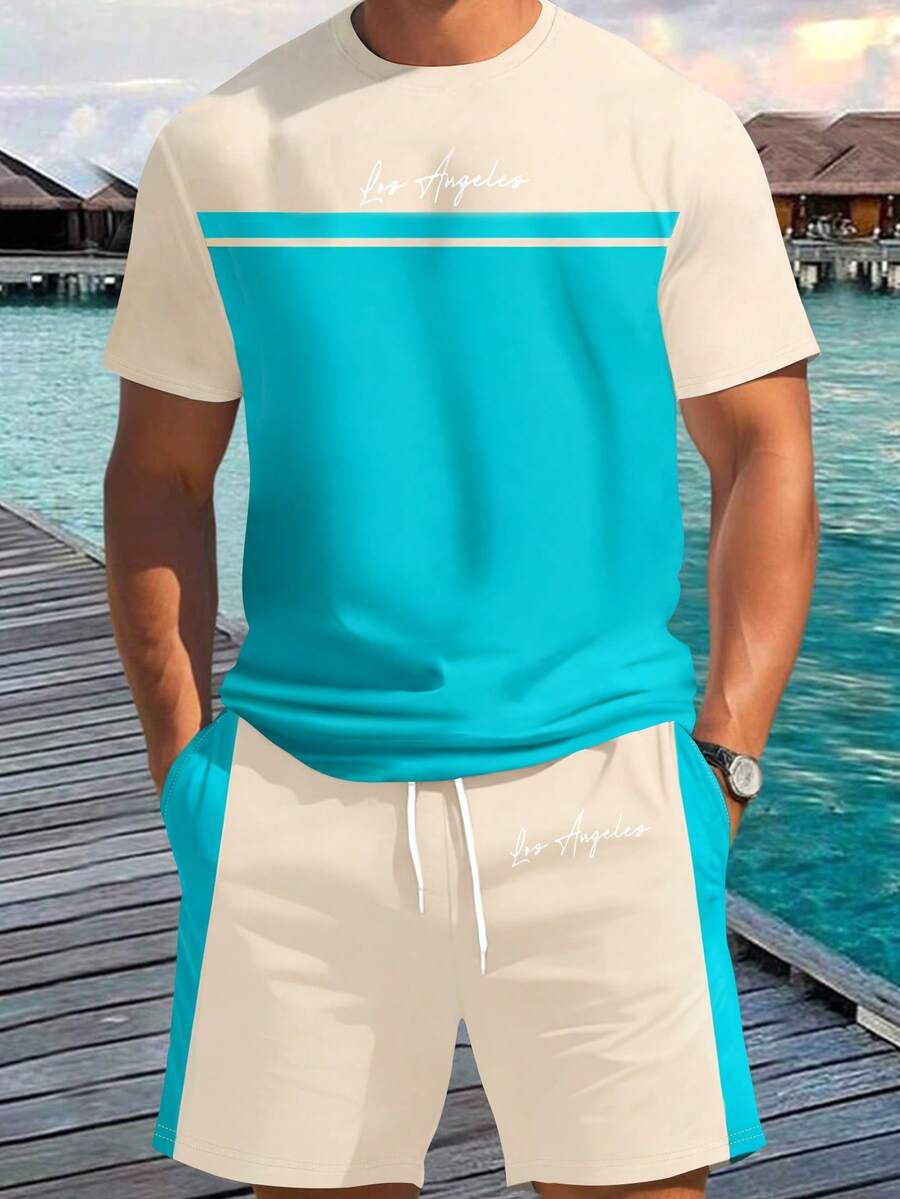 Manfinity RSRT 男士撞色字母印花圆领短袖T恤和短裤休闲套装 - 彩色 - 查看 1