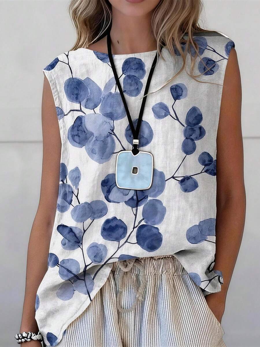 Breezaya Áo tank top nữ dáng rộng, cổ tròn, không tay, họa tiết hoa lá, thích hợp cho mặc thường ngày và đi nghỉ mát. Áo kiểu nữ mùa hè, áo blouse nữ, áo không tay mùa hè cho nữ. - Nhiều màu - Xem 1