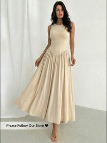 Firerie 女士优雅简约日常穿搭独特纯色短袖修身立领不对称A字腰长裙 - 杏色 - 查看 4