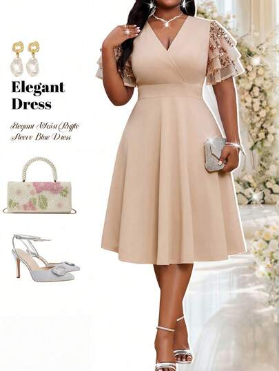 Fleurora Plus Size Women Sequin Patchwork Ruffle Sleeve Elegant Midi Dress