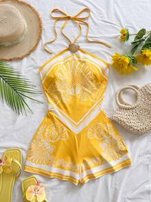 Soleia 新款度假风花卉吊带连体裤，适合派对、约会、情人节、复活节、狂欢节、下午茶、海滩、邮轮、城市度假、波西米亚风、浪漫花卉风格 - 黃色 - 查看 5