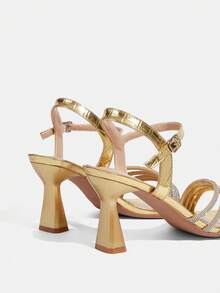 CUCCOO TILAWA Sandal Hak Tinggi Elegan Wanita dengan Ujung Persegi dan Hiasan Berlian Imitasi, Bahan PU dengan Motif Batu Emas Gelap, Sepatu Musim Semi, Liburan Musim Semi, Paskah, Sepatu Makan Malam, Natal, Sepatu Hak Tinggi Musim Panas untuk Hari Valentine - Emas gelap - View 5