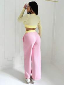 Shopreo Conjunto de 2 peças de blusa e calça cropped casual colorblock feminino - Rosa - Ver 2