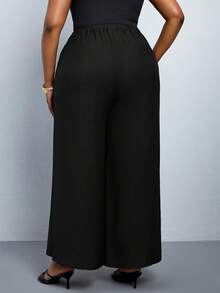 SHEIN PETITE CURVE 女士纯色弹力腰阔腿裤 - 黑色 - 查看 2