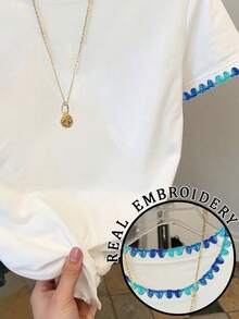 Resyla 女士花卉刺绣圆领短袖休闲T恤 - 白色 - 查看 3