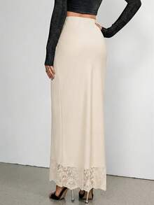 SHEIN Tall 纯色缎面蕾丝边低腰中长裙 - 杏色 - 查看 2